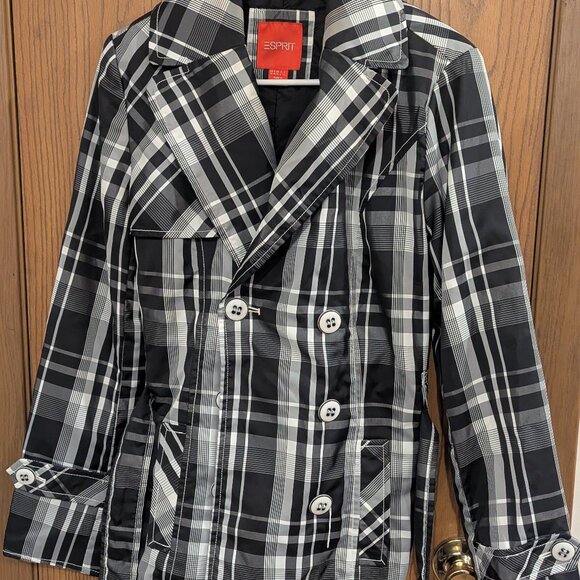 ESPRIT Tartan Plaid Black/White Trench Rain Coat/Jacket-Size Medium - Picture 1 of 3